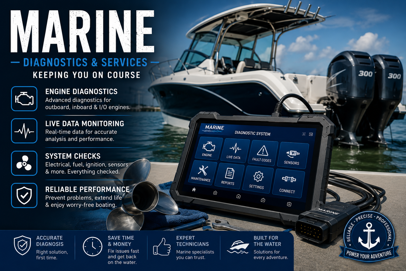 Marine diagnostics and electronics service graphic for GK Electronic Installation LLC